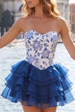 Corset Blue Strapless Floral A Line Homecoming Dress