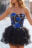 Corset Blue Strapless Floral A Line Homecoming Dress