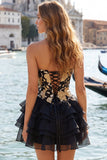 Corset Blue Strapless Floral A Line Homecoming Dress
