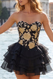 Corset Blue Strapless Floral A Line Homecoming Dress