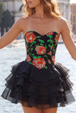 Corset Blue Strapless Floral A Line Homecoming Dress