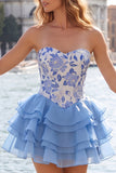 Corset Blue Strapless Floral A Line Homecoming Dress