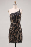 One Shoulder Black Sparkly Bodycon Homecoming Dress