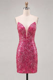 Sparkly Fuchsia Strapless Bodycon Homecoming Dress