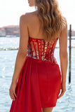 Glitter Corset Red Strapless Bodycon Homecoming Dress With Side Streamer