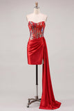 Glitter Corset Red Strapless Bodycon Homecoming Dress With Side Streamer