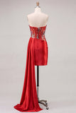 Glitter Corset Red Strapless Bodycon Homecoming Dress With Side Streamer