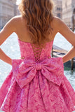 Strapless Corset Hot Pink Floral A Line Homecoming Dress With Bow