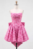 Strapless Corset Hot Pink Floral A Line Homecoming Dress With Bow