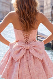 Strapless Corset Hot Pink Floral A Line Homecoming Dress With Bow