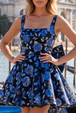 Square Neck Light Blue Corset A Line Homecoming Dress With Bow