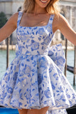 Square Neck Light Blue Corset A Line Homecoming Dress With Bow