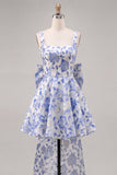 Square Neck Light Blue Corset A Line Homecoming Dress With Bow
