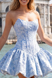 Strapless Corset Blue Brocade A Line Homecoming Dress