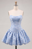 Strapless Corset Blue Brocade A Line Homecoming Dress