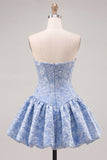 Strapless Corset Blue Brocade A Line Homecoming Dress