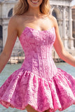 Strapless Corset Blue Brocade A Line Homecoming Dress