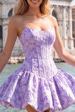 Strapless Corset Blue Brocade A Line Homecoming Dress