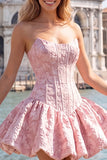 Strapless Corset Blue Brocade A Line Homecoming Dress