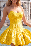 Strapless Corset Blue Brocade A Line Homecoming Dress