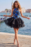 Gold and Black Halter Floral A Line Homecoming Dress