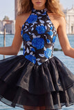 Gold and Black Halter Floral A Line Homecoming Dress