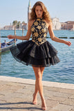Gold and Black Halter Floral A Line Homecoming Dress