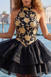 Gold and Black Halter Floral A Line Homecoming Dress
