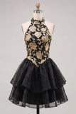 Gold and Black Halter Floral A Line Homecoming Dress