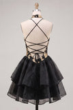 Gold and Black Halter Floral A Line Homecoming Dress