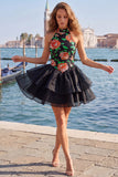 Gold and Black Halter Floral A Line Homecoming Dress