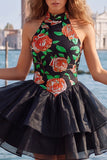 Gold and Black Halter Floral A Line Homecoming Dress