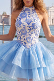Gold and Black Halter Floral A Line Homecoming Dress