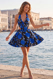 Halter Light Blue Cut Out Brocade A Line Homecoming dress