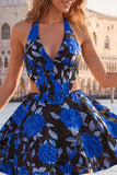 Halter Light Blue Cut Out Brocade A Line Homecoming dress