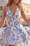 Halter Light Blue Cut Out Brocade A Line Homecoming dress