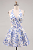 Halter Light Blue Cut Out Brocade A Line Homecoming dress