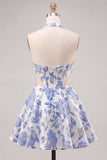 Halter Light Blue Cut Out Brocade A Line Homecoming dress