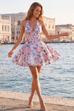 Halter Light Blue Cut Out Brocade A Line Homecoming dress