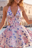 Halter Light Blue Cut Out Brocade A Line Homecoming dress