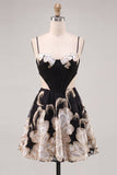 Black Corset Cut Out Floral Spaghetti Straps Homecoming Dress