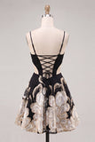 Black Corset Cut Out Floral Spaghetti Straps Homecoming Dress