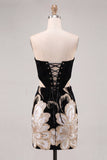 Floral Black Corset Bodycon Strapless Homecoming Dress