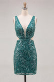 V-Neck Green Cut Out Bodycon Homecoming Dress With Beading