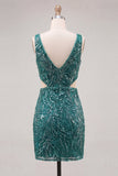 V-Neck Green Cut Out Bodycon Homecoming Dress With Beading
