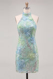 Halter Mint Green Floral Sparkly Bodycon Homecoming Dress
