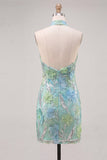 Halter Mint Green Floral Sparkly Bodycon Homecoming Dress