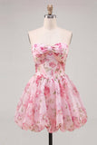 Pink Corset A Line Strapless Floral Homecoming Dress With Bow