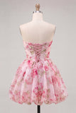 Pink Corset A Line Strapless Floral Homecoming Dress With Bow