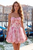 Yellow Corset A Line Strapless Floral Homecoming Dress With Bow